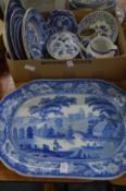 A collection of blue and white china to include a large meat dish.