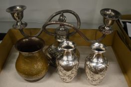 A pair of small Chinese silver vases a plated candelabra and Eastern brass vase.