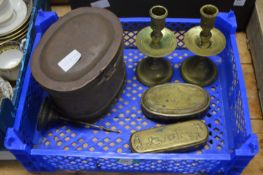 Two brass tobacco boxes, pair of candlesticks and other items.