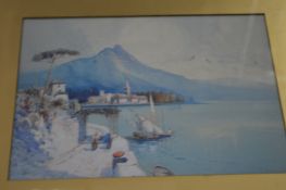 Continental coastal landscape with figure on a path, watercolour,