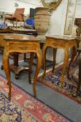 A pair of French and decorative single drawer burr wood occasional tables.