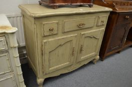 A French distress green painted dresser base or sideboard.