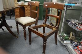 Two 19th century mahogany dining chairs, one lacking seat.