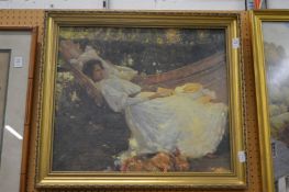 A young lady wearing a white dress asleep in a hammock, colour print.