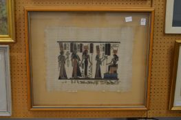 Egyptian School, figures painted on papyrus in a glazed case.