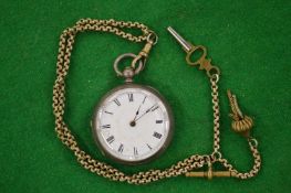 A silver pocket watch complete with chain, fob and key.
