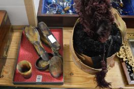A horn cup, dressing table items, a muff and a fan.