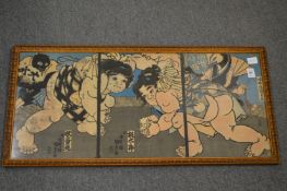 Japanese wood block print of Sumo wrestlers.