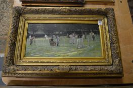 The Tennis Match, oil on board in a decorative gilt frame together with a Spy print of a cricketer.