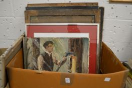 Box of assorted paintings and prints etc.