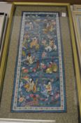Two Chinese embroidered pictures depicting figures and animals.