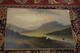 Late 19th century English School, a mountainous landscape with loch, oil on canvas, relined but