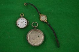 A Ladies 9 carat gold wrist watch, a pocket watch and a silver watch case.