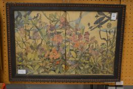 An arts and crafts ink and watercolour sketch of flowers.