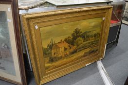Rural scene with figures by a cottage, large oil on canvas (af).