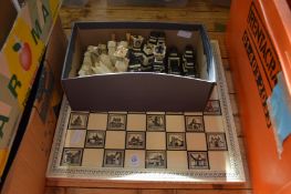 Chess set and pieces.