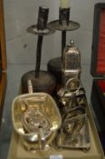 A silver mustard pot, plated items and a pair of candlesticks.