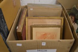 Box of assorted paintings and prints etc.