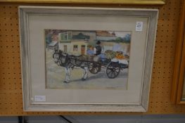 Vernon Stokes and Alan Wright, Donkey cart with a fruit seller, watercolour, signed.