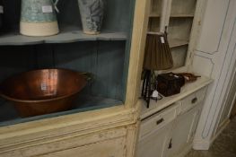 A preserve pan, table lamp, tea caddy and bugle.