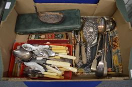 A Scandinavian silver longboat, silver serving spoon, silver backed mirror and hand brush, various
