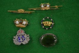 Four 14 carat gold and enamel coronet brooches and two other items.
