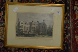 A colour print of Loseley house and an engraving of sheep.