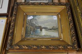 Tom Scott, figures by a river with a derelict bridge, watercolour, an engraving and framed group