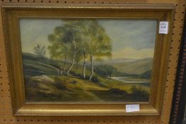 A figure with a dog in a mountainous river landscape, oil on board.