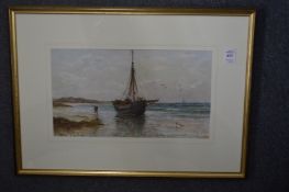 A moored sailing dinghy, watercolour together with a still life of flowers in a vase.