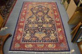 An unusual Persian carpet blue ground decorated all over with Persian and Islamic bowls and urns etc