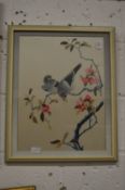 Japanese school, two birds on a cherry blossom tree, embroidered picture.