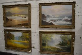 Kobchai, a set of four oil on canvases depicting seascapes and wooded river landscapes.