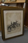 A set of four black and white prints depicting military figures on horseback.
