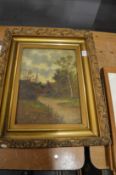 Rural scenes with buildings and trees, oil on canvas, a pair with decorative gilt frames.