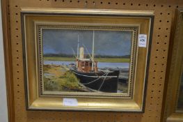 Peter Hutchins, oil painting of a moored fishing boat, oil on board.