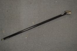 A walking stick, the handle modelled as a skull.