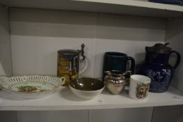 A fruit decorated bowl, lidded jug and other decorative china.