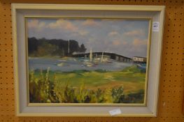 Anne Toms, Yachts on a river, with a bridge beyond, oil on board, signed.