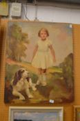 Portrait of a young girl wearing a white dress a dog by her side, oil on canvas, unframed.