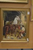 Monica White, figures feeding horses with chickens and doves, oil on canvas, signed.