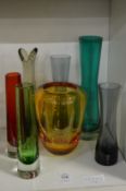 Colourful studio glass vases.