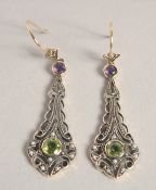 A PAIR OF 9CT GOLD PERIDOT, AMETHYST AND PEARL DROP EARRINGS.