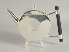 A SMALL CHRISTOPHER DRESSER STYLE SILVER PLATED CIRCULAR TEA POT.
