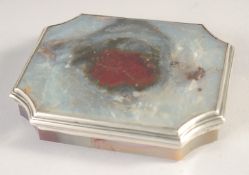 A GOOD SILVER MOUNTED SHAPED METAL BOX 3.5ins x 3ins.