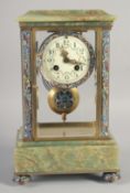 A GOOD 19TH CENTURY FRENCH ONYX AND CHAMPLEVE ENAMEL CLOCK with glass sides and door with bob