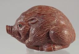 A CARVED WOOD NETSUKE, HOG.2.5ins Signed.