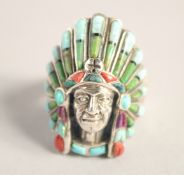 A SILVER REAL OPAL, CORAL AND TURQUOISE NATIVE AMERICAN RING.