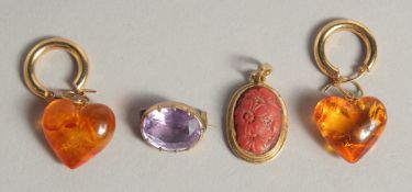 A PAIR OF AMBER AND GOLD EARRINGS, CAMEO PENDANT AND AMETHYST BROOCH.