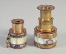 TWO MOTHER OF PEARL, GILT,SPY GLASSES, Circa. 1830. 4ins long & 3ins long.